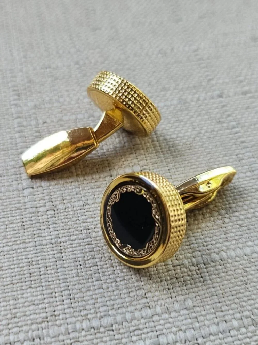 Father Day Gift Cufflinks Black/Gold Tone Round Shape Cuff Links Stud Fashion